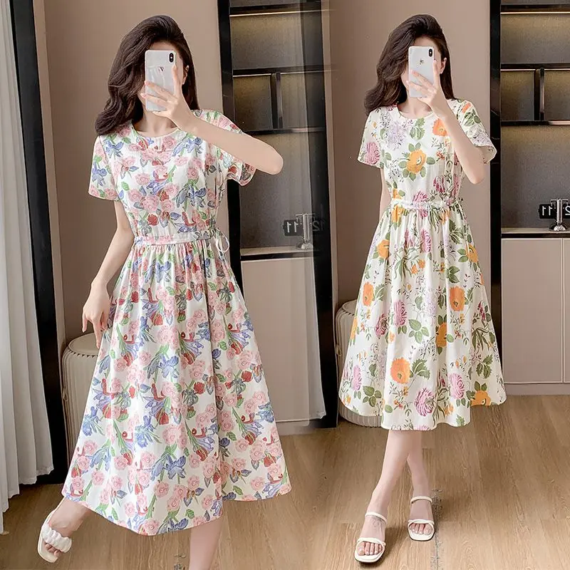 Spring Pure Cotton Women's Mid Length Summer New Short Sleeved Small Floral Loose Slimming and Stylish Printing Dress