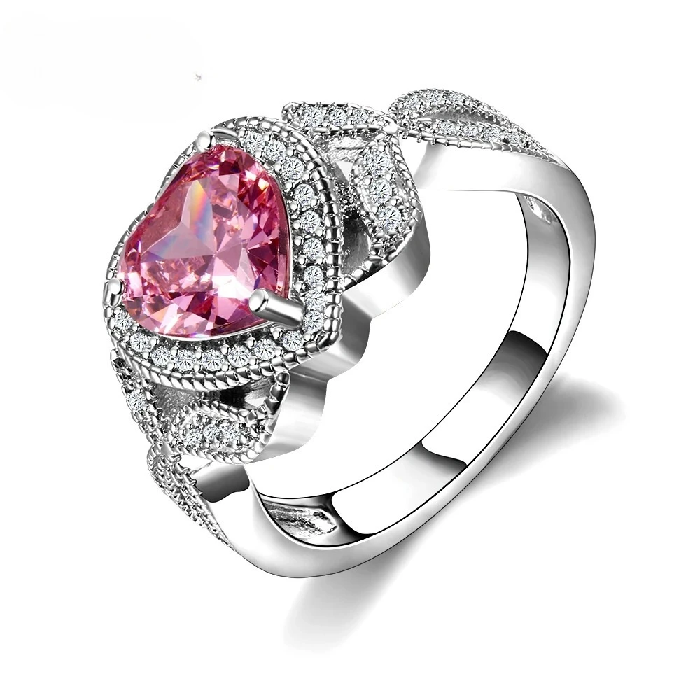 Women's Pink Heart Gemstone Ring Paved Zircon Halo Split Shank Elegant Wedding Party Cocktail Ring Fashion JewelryGift Wholesale