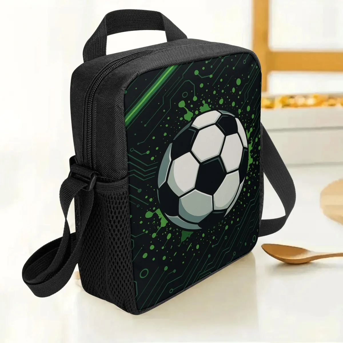 Insulated Lunch Bag with Adjustable Strap Soccer Ball design Thermal Cooler Tote Non-Food Contact Durable Polyester