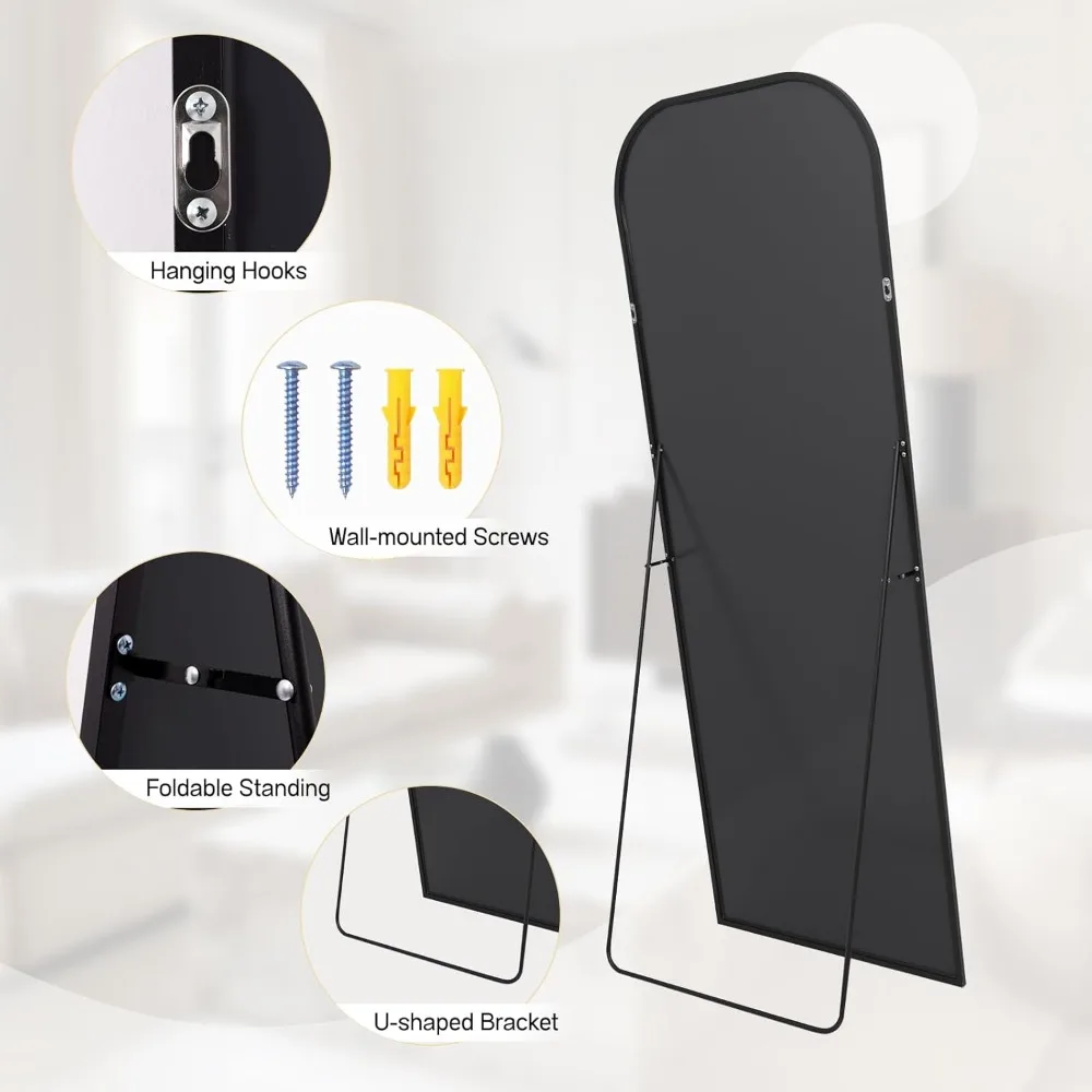 Grand miroir de sol autoportant arqué 71 x 26 pouces, corps complet, salon ou chambre à coucher, option sur pied ou montage mural