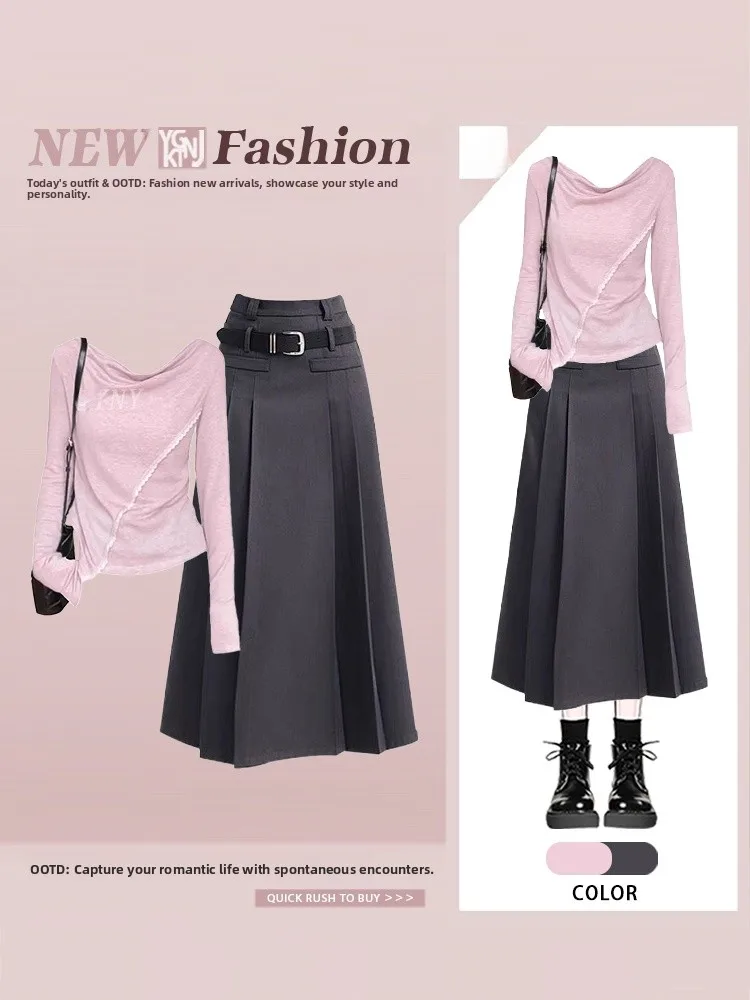 Sweet School Sle Long Sve T-irt And High Waist Skirt Two Piece Set Age Reversing Design Casual Faion for Women