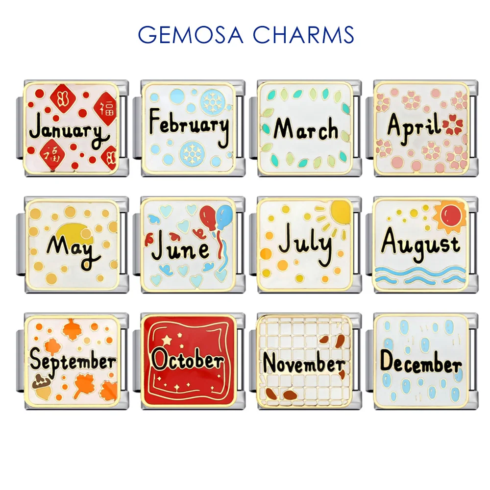 GEMOSA Trend Women Colour Glaze 12 Month Italian Charm Link Fit 9mm Stainless Steel Bracelets Making DIY Beads Jewelry