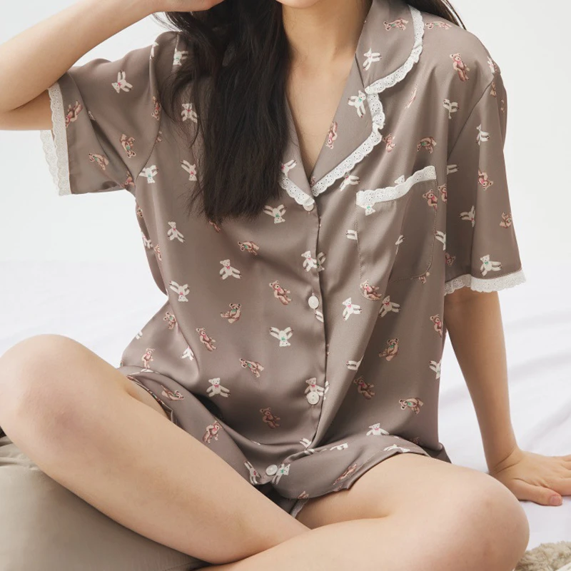 

Милая пижама с кружевным воротником и мультяшным принтом, 2 предмета, для дома, лето-осень, новая коллекция, женская пижама, домашняя одежда, рубашка и брюки, женская домашняя одежда