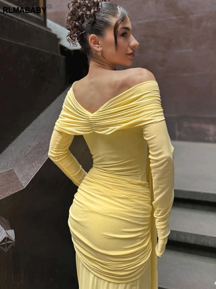 RLMABABY Sexy schulterfreies, gerüschtes, drapiertes Damen-Bodycon-Maxikleid, elegantes, rückenfreies Bandage-Party-gelbes, dünnes langes Kleid
