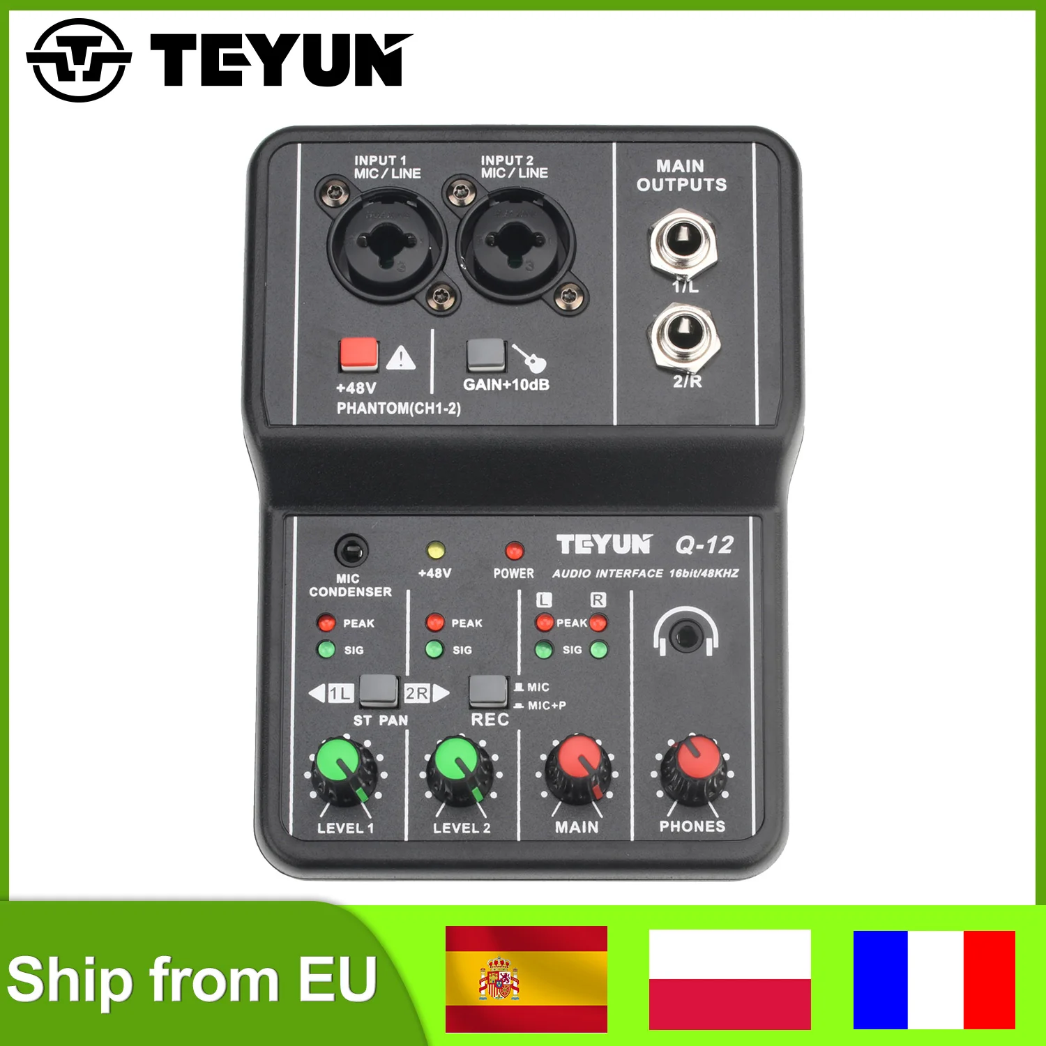 TEYUN Guitar Audio Interface 16bit 48KHz External USB Sound card 2 Mic Input PC Recording Soundcard for Studio Home Record Q12