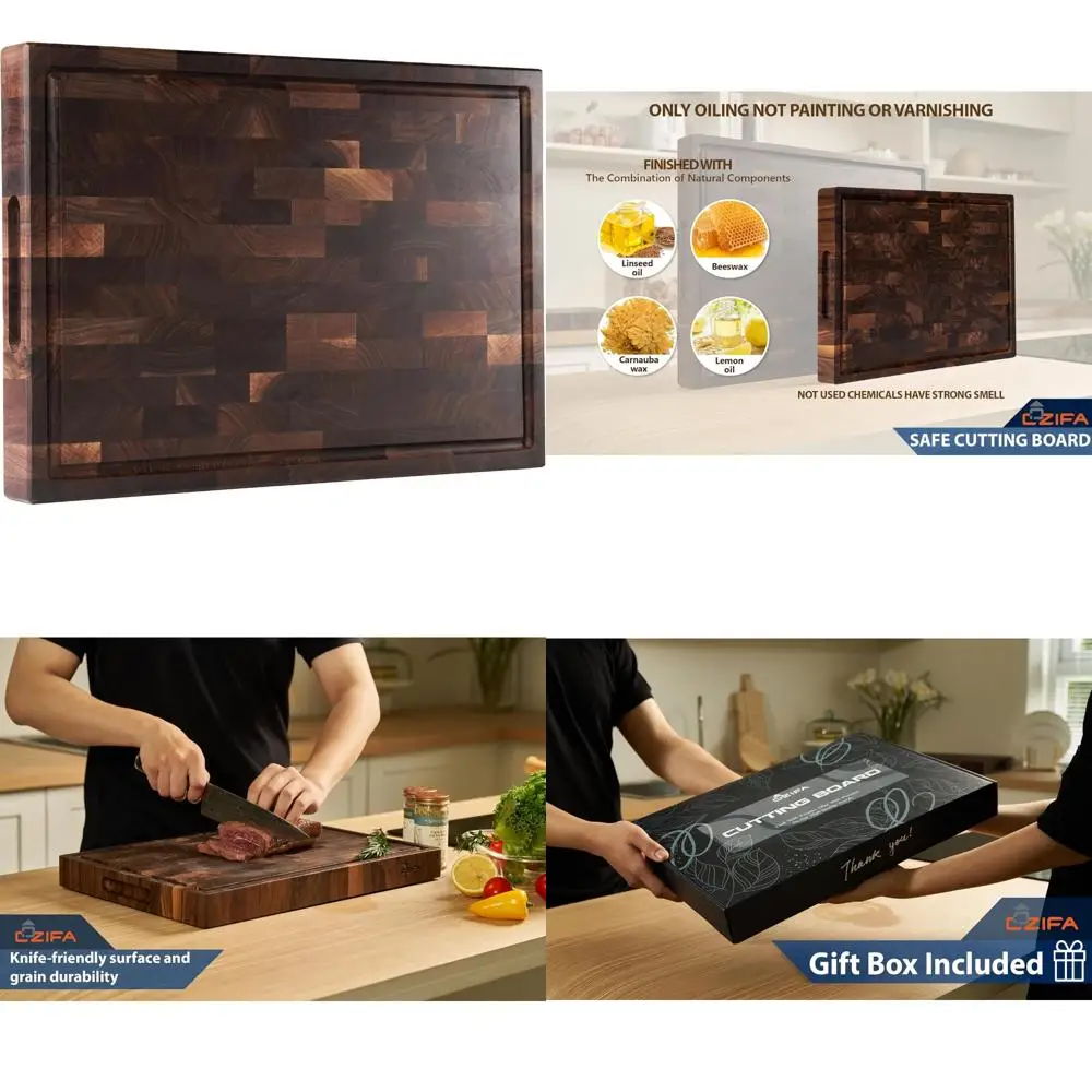 

Kitchen-Sized Dark Walnut Wood Cutting Board: 17x12x1.6 Inches with Juice Groove, Built-in Handles, Gift Box, and End Grain Desi