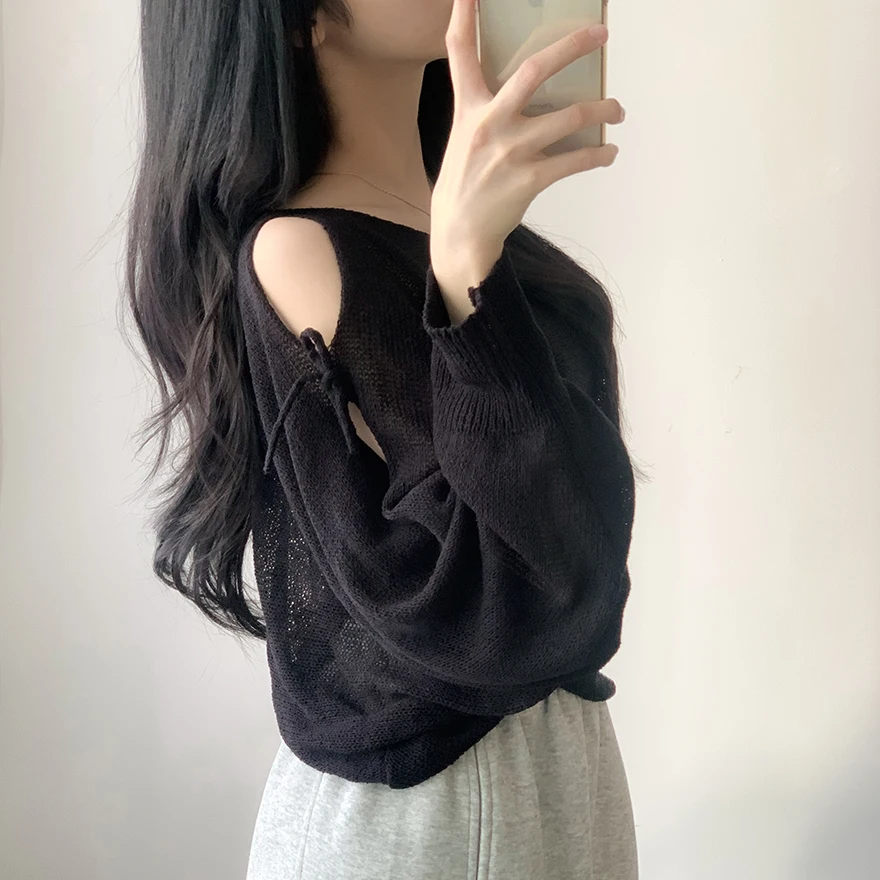Korean Style Loose Fit  Knot Ice Silk Thin Long Sleeve Short Knitted Sweater Women's Fashion Chic Transparent Design