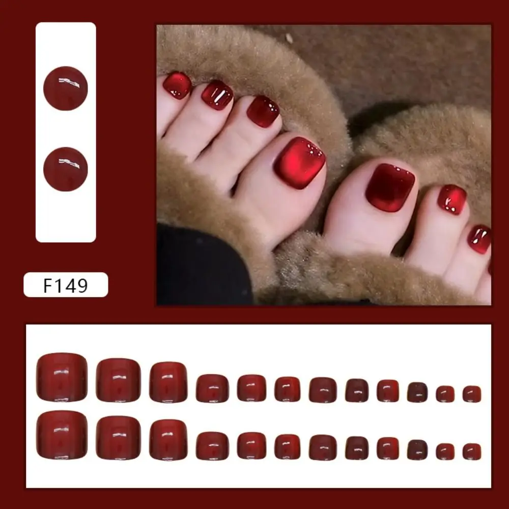 24pcs Fashion Short Square False Nails Dazzling French Fake Nials Red Cat Eye Detachable Press on Nails Women Girls