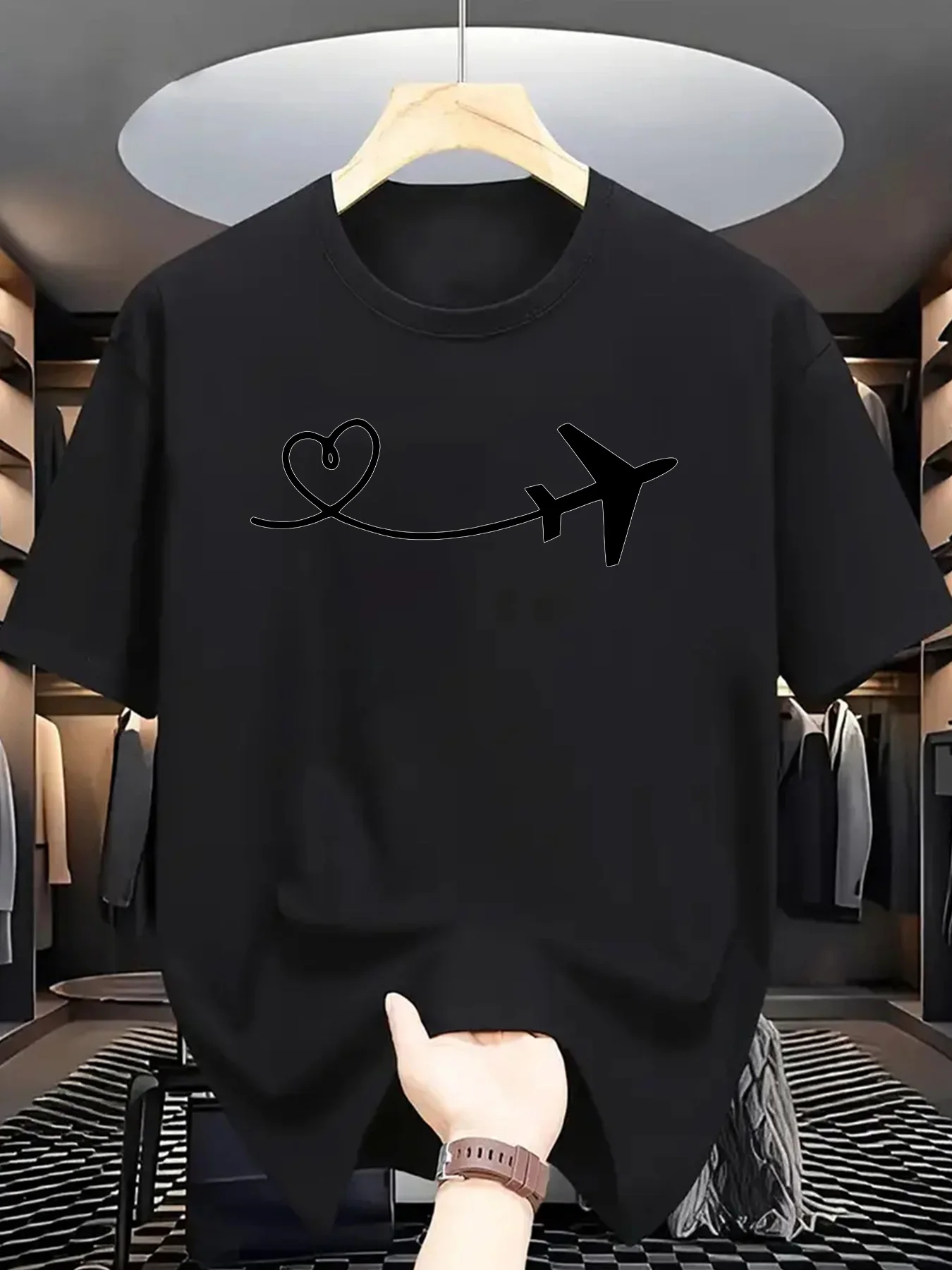 Travel Graphic T Shirt For Men Airplane Heart Flight Route Line Crew Neck Tee Aviation Love Print Casual Male Daily Outfit Tops