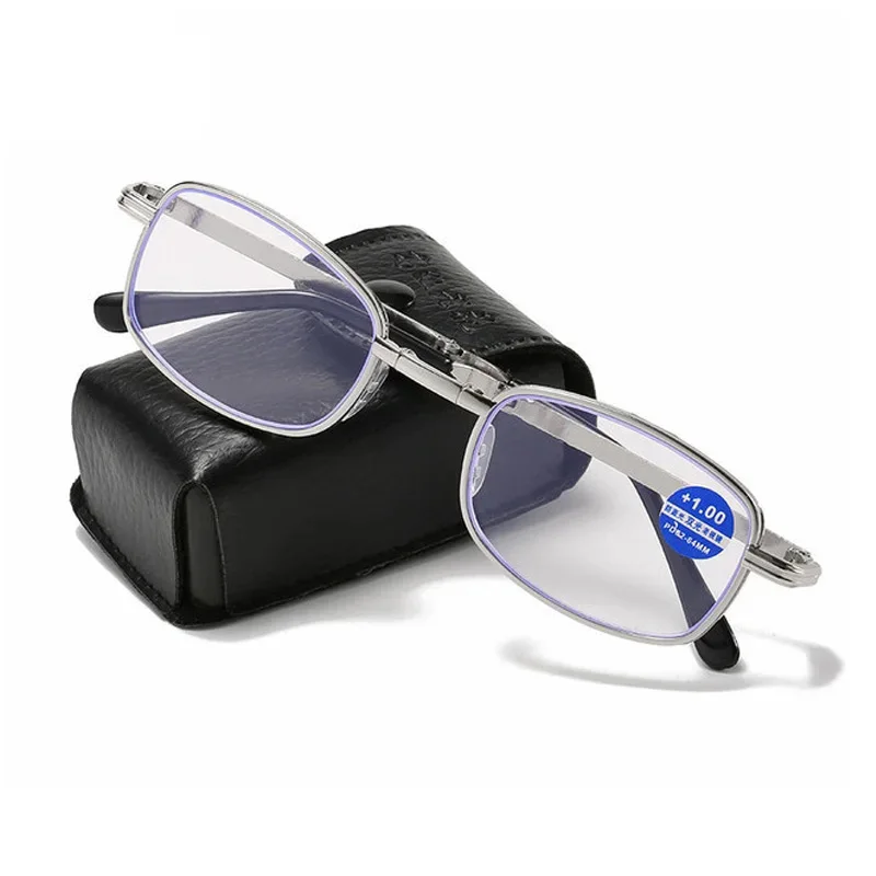 New Metal Frame Folding Reading Glasses For Men And Women Anti Blue Light Gold And Silver Full Frame PC Lens With Leather Case image 3