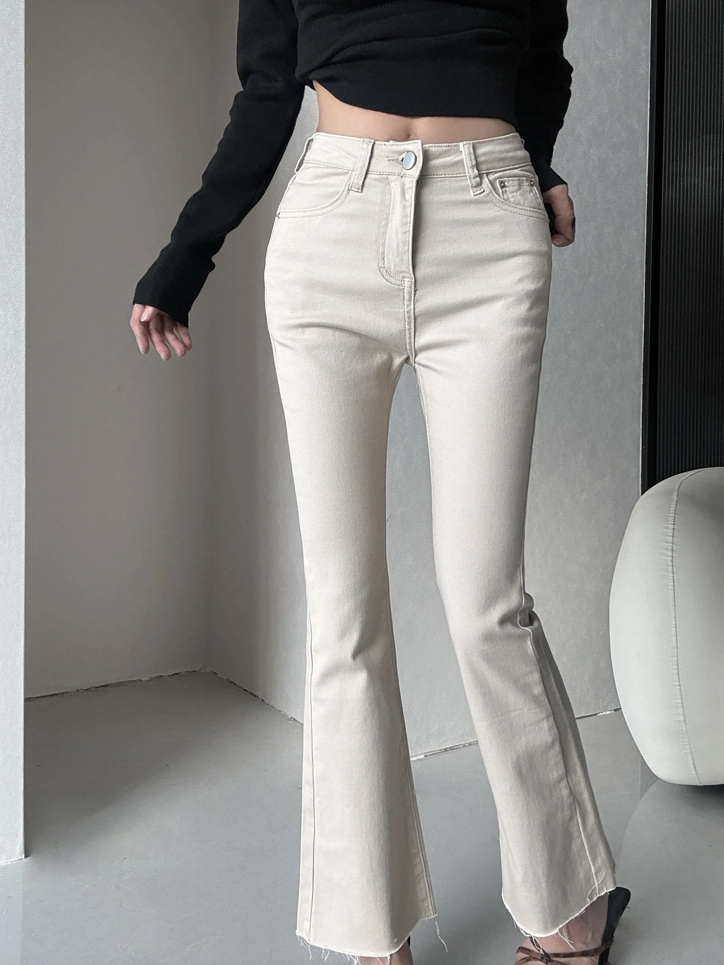 Slim Fit High Waist Denim Jeans Women's Elastic Nine Points Hair  MianCun Fumpy God Pants Butt Lifting Micro Flared Pants