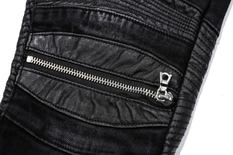 European & American High-Street Style Leather Patch Zipper Biker Slim-Fit Stretch Pencil Jeans for Men Trendy INS Four Season