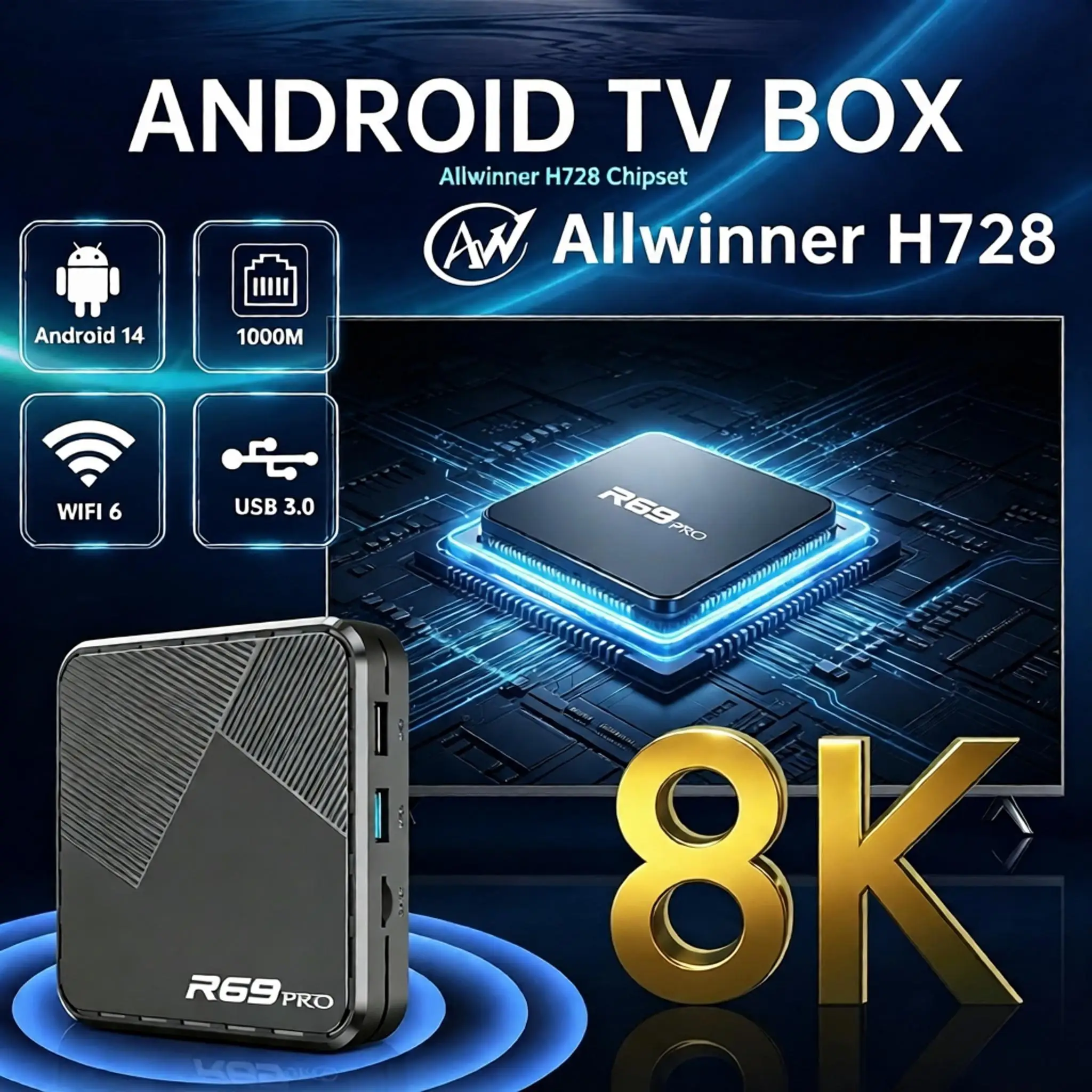 Allwinner H728 Janmifly R69 PRO Android 14 WiFi 6 Bluetooth 5.0 8K Ultra HD Smart TV Box Set Top Box Netflix YouTube Player