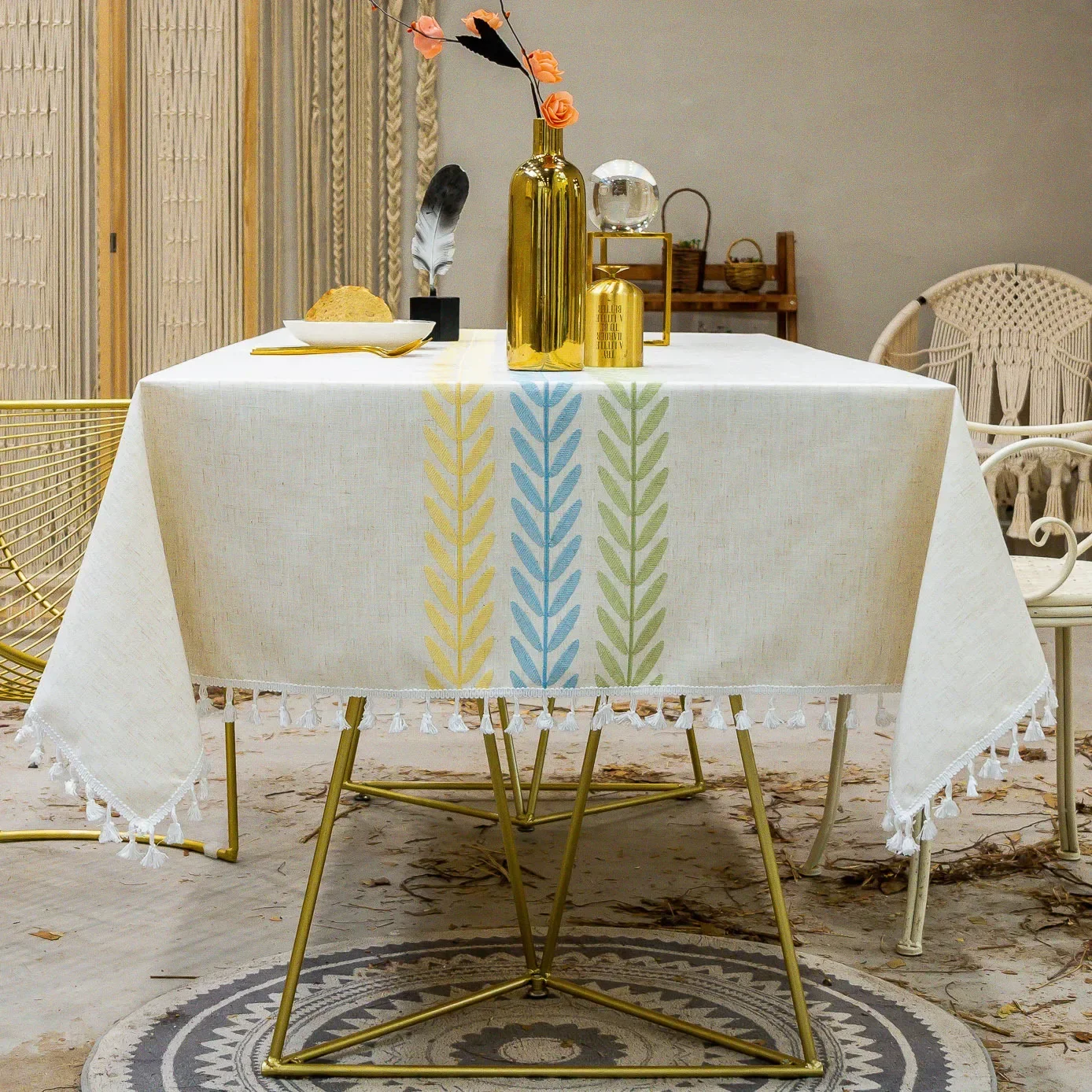 

Cotton Linen Nordic Tassel Tablecloth Embroidered Flowers Leaves Rectangular Table Cover Kitchen Tablecloth Table Wedding Decor