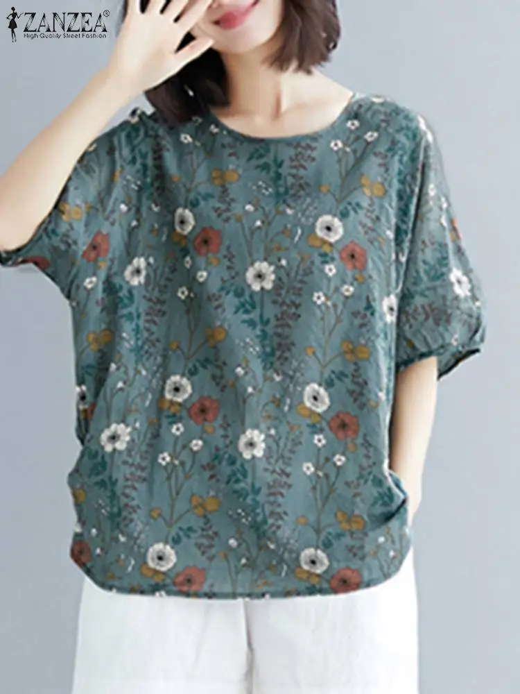 ZANZEA Summer Vintage Blouse Women Short Sleeve Floral Print Tops Tunic Bohemian Holiday Beach Blusas Mujer Casual Shirt 2024