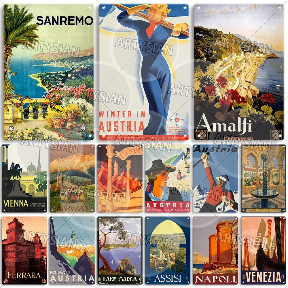 Travel Posters ITALY Austria Metal Sign ASSISI NAPOLI VENEZIA FERRARA ABRUZZO ROME SANREMO Sicilia Cesenatico Trieste Palermo