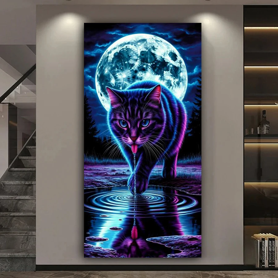 

Набор для вышивания алмазной мозаикой «Лунная кошка» большого размера, DIY, с полной выкладкой (квадратные и круглые алмазы), для декора стен