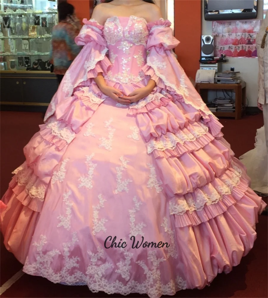 Princess Pink Mexican Quinceanera Dress Sexy Customized Lace Tiered Ball Gown Prom Dress Charro Xv Para Vestido De 15 Anos