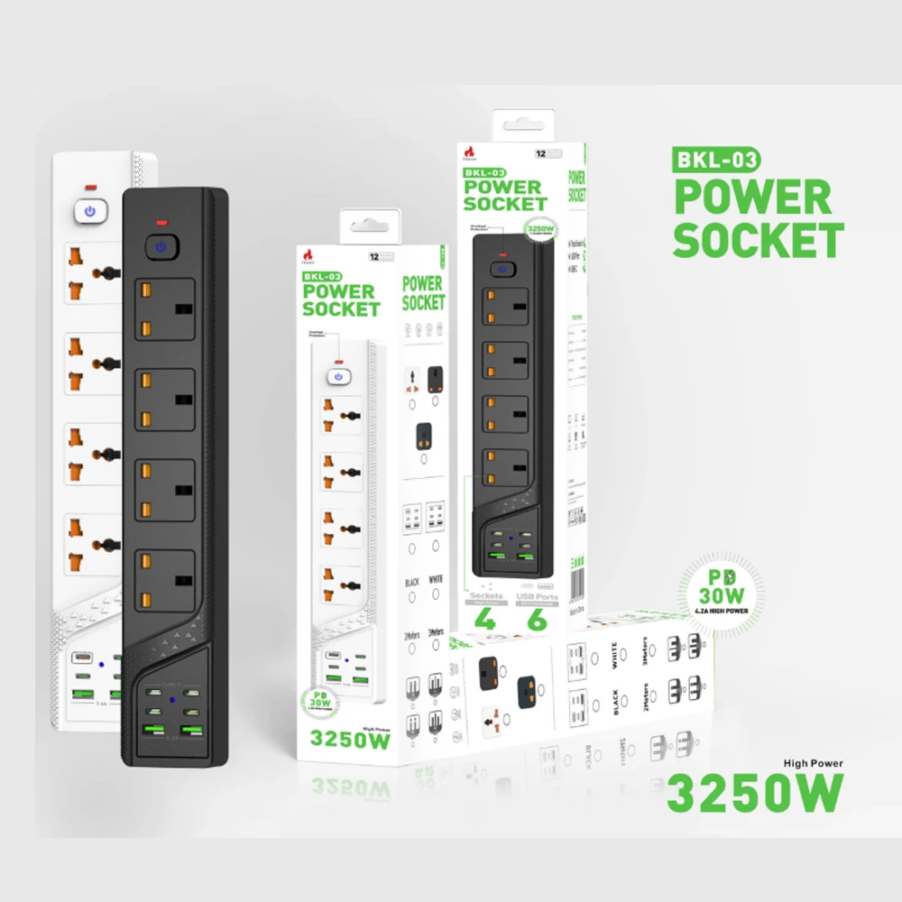 New 4 Way Extension UK Power Strip With Type-C PC Flame Retardant Pure Copper Power Socket with Overload Overload Protection