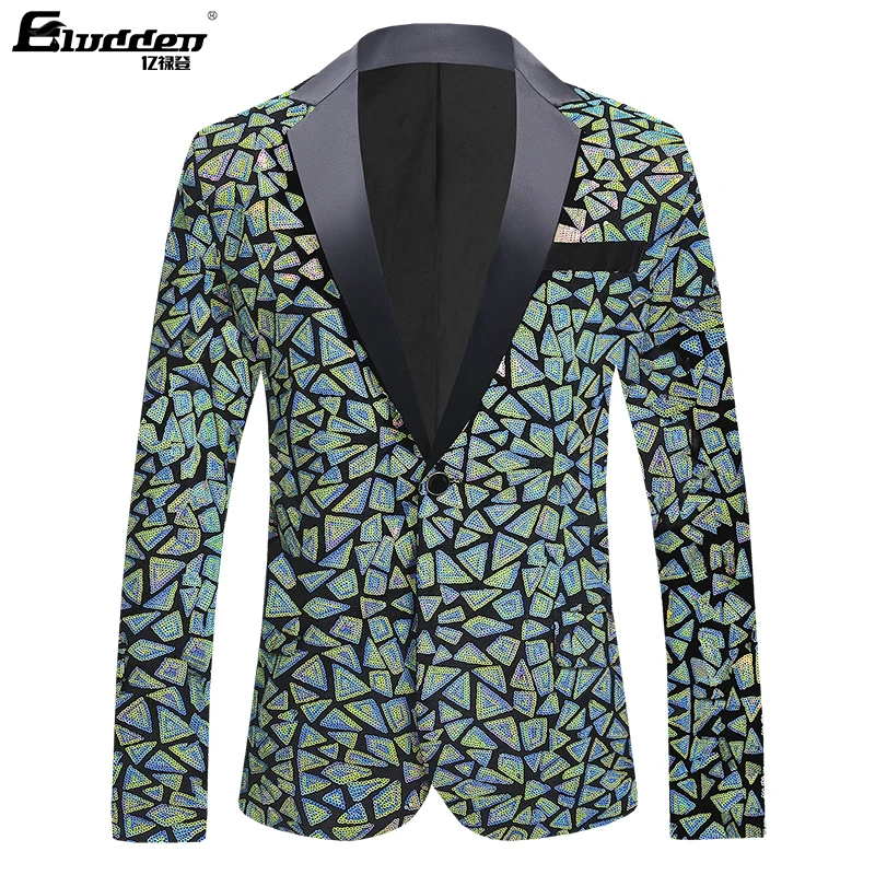 Men Colorful Triangle Sequins Fashion velvet fabricEmbroidery Sequin Blazer Masculino Men Suit Stage Singer Costume Shiny Blazer