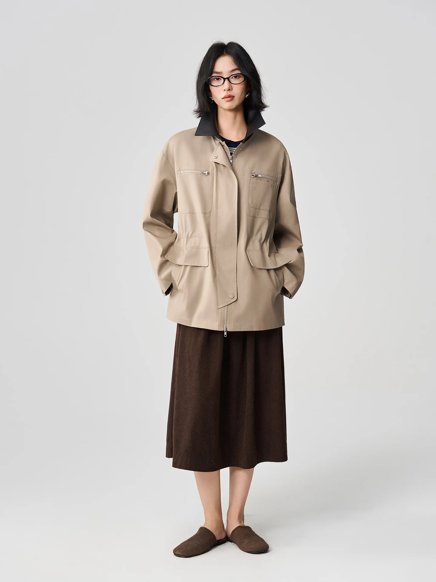 Manteau long décontracté pour femme Sis Marti, en coton de haute qualité, motif litchi en cuir, fermeture éclair, collection automne Maple High Cotton Balloon Sle Jaet