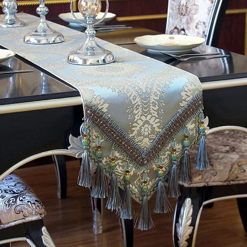 High Density Embroidered Jacquard Tablecloth European Luxury Tassel Table Runner Non-slip Fabric Bottom Table Cover Table Flag