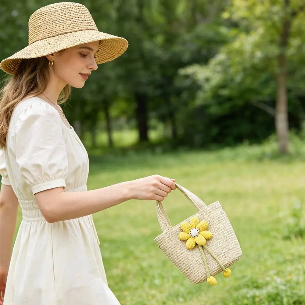 New Handmade Woven Straw Bag Flower Bowknot Storage Basket Breathable Coin Purse Beach Travel