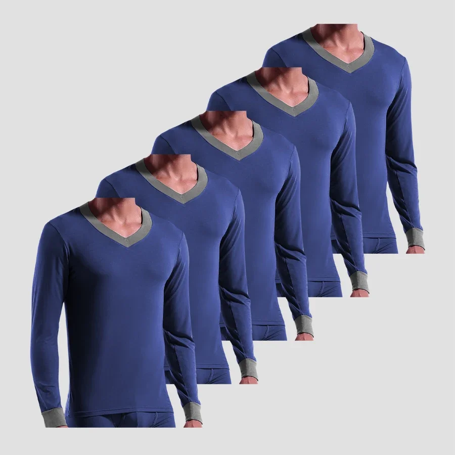 5pcs Men's tight-fitting Modal V-neck slim-fit long Johns, thin single-piece base layer, warm long-sleeved top