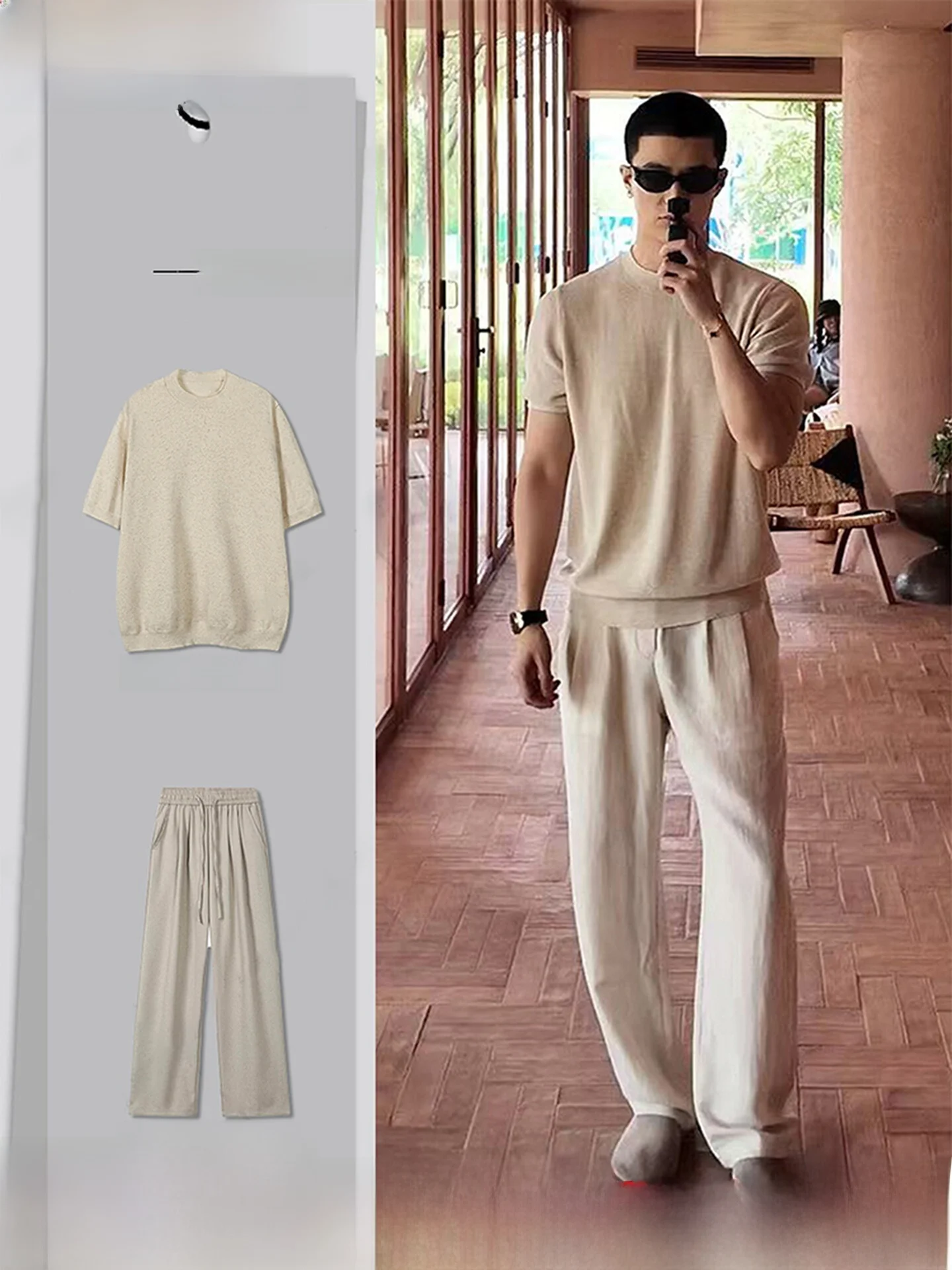 

Linen Knitted T-irt And Casual Pants Set for Men Sli Loose Fit Summer Collection Comfortable And Haome