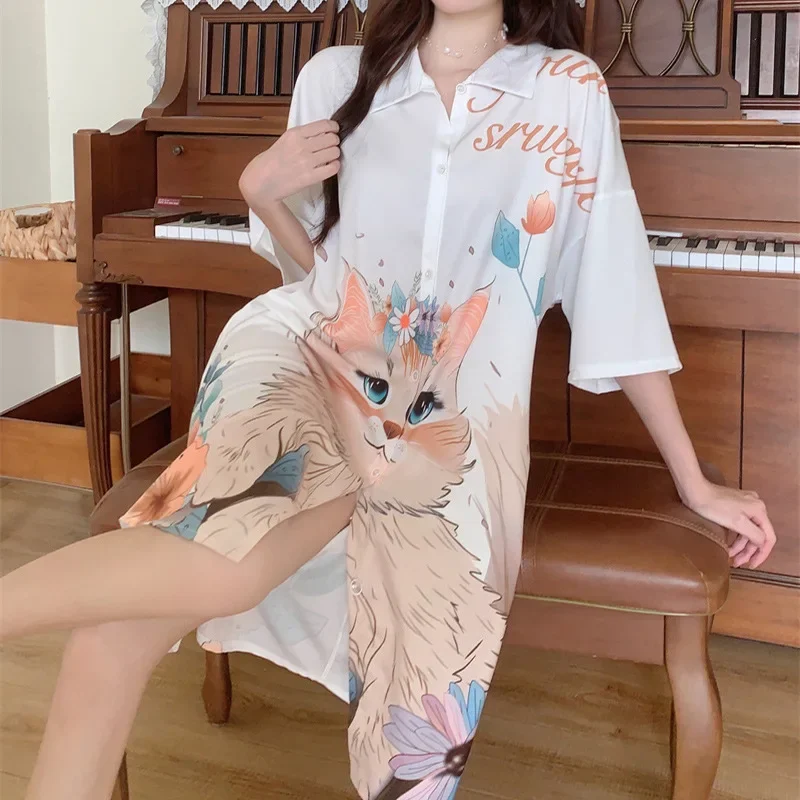 

Sexy Nightgown Female Summer Silk Nightgown Senior Sense of Big Yards Shirt Dress Fashion Sundress Loose Home Clothes