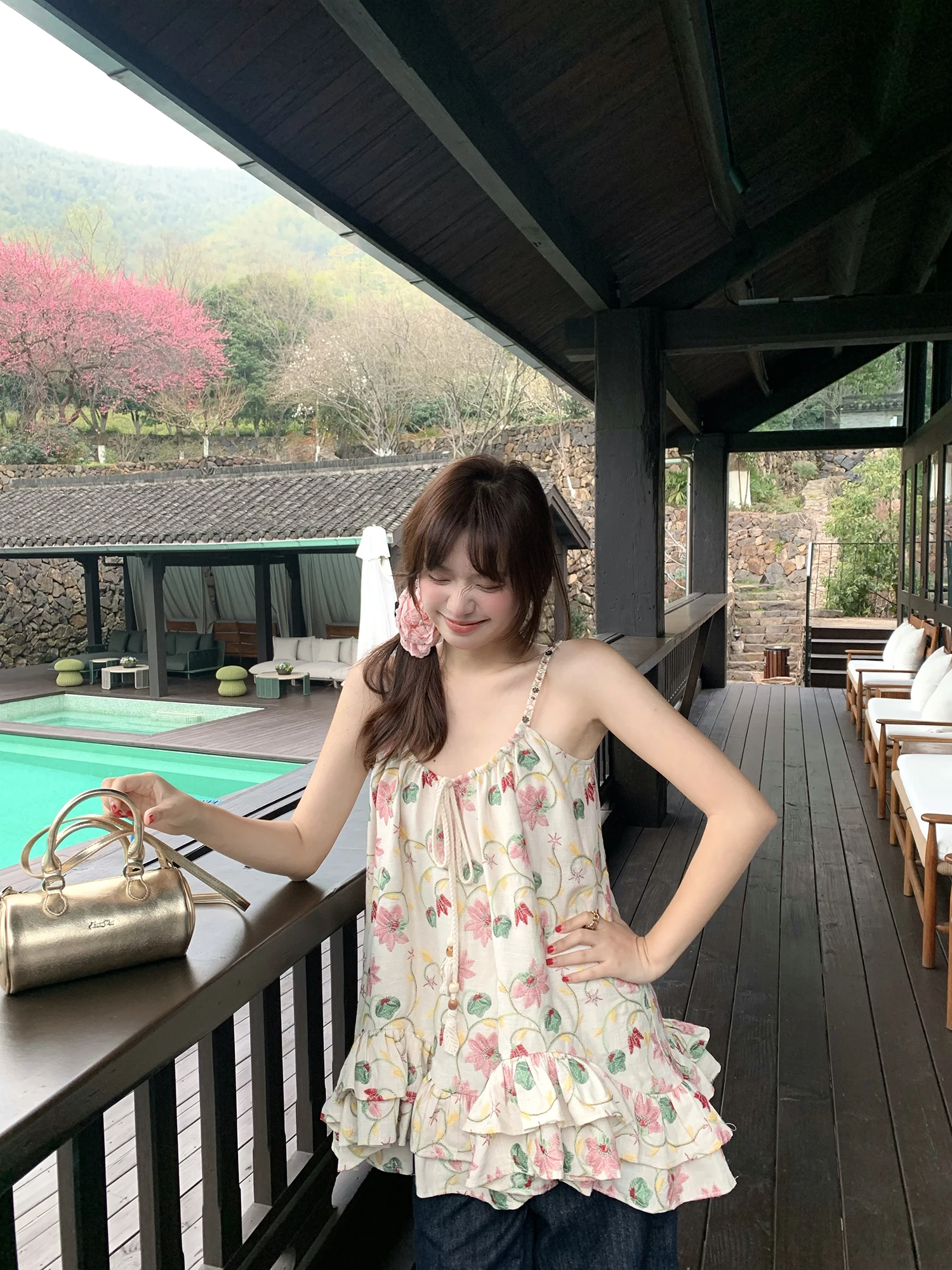 Heavy Embroidery Linen A-Line Halter Top by Xiao Jun Jun Brand Pink Fog Pine Mountain Color Block 3D Flower Design Women's Vest view 5