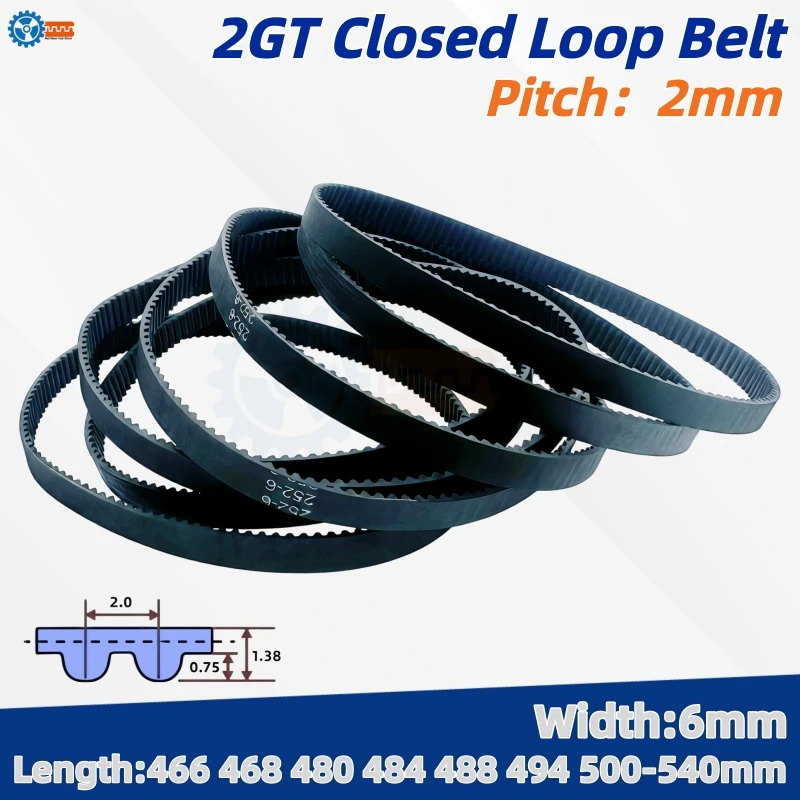 

GT2 Closed Loop Rubber Timing Belt Pitch Length 466 468 480 484 488 494 500 520 524 528 540mm Width 6mm 2GT-466 2GT-488 2GT-540