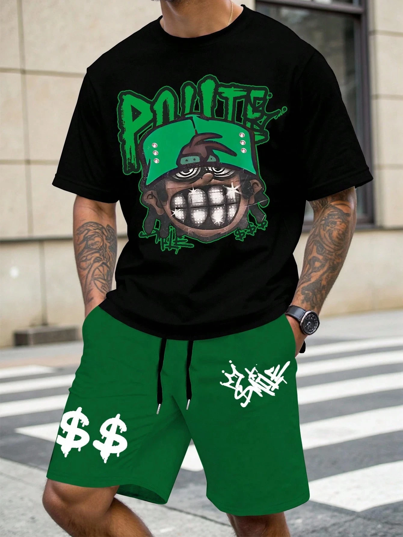 

Y2K Mullar America Hip Hop Polite Smile Face Print Men's Quick-drying T-Shirt & Shorts Sets Breathable Comfy Stylish Casual Suit