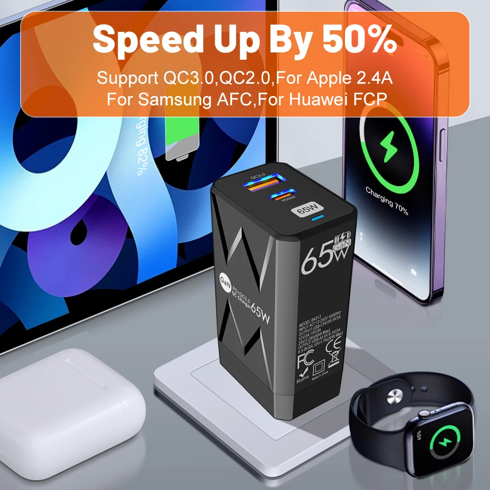 PD 65W GaN Charger for Ipad Laptop USB Type C Super Fast Charging QC3.0 Adapter Notebook Tablet PC for Macbook Huawei Matebook