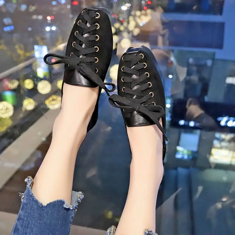 Shoes for Women with Straps Square Toe Low Heel Elegant Woman Flats Black Dress Quick Delivery High Quality Fashion Genuine Mark