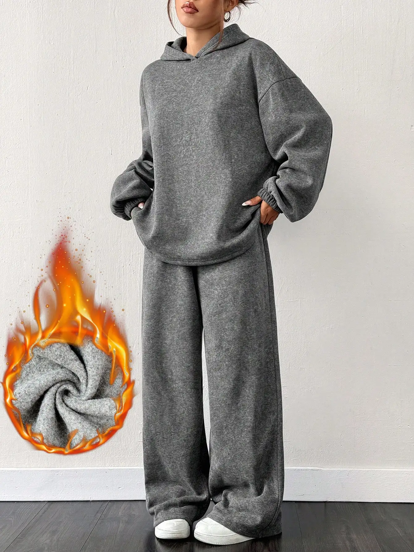 

Комплект из 2 предметов EZwear: утепленная толстовка оверсайз и широкие спортивные брюки для женщин, серый, уютный домашний костюм для осени и зимы