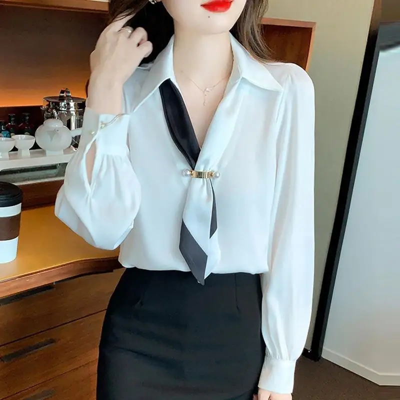 Women Bow Tie Luxury Design Elegant Blouse Korean Fashion Business Casual Office Lady Shirt Spring Autumn V Neck Long Sleeve Top