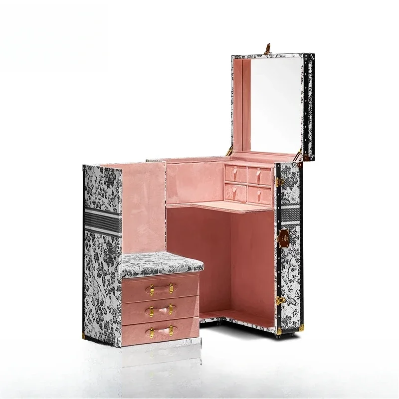 Silei French retro printing dresser side cabinet removable hard case makeup table