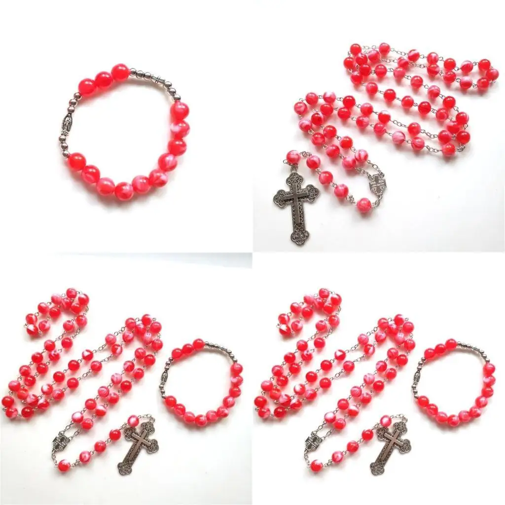 

G6KF Red Acrylic Beads Pendant Rosary Necklace Chain Christian Bracelet Chain