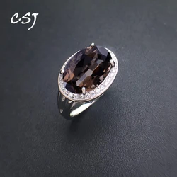 CSJ Smoky Quartz Rings Sterling 925 Silver Natural Gemstone Oval Cut 10*14mm Women Lady Wedding Engagment Party Gift Box