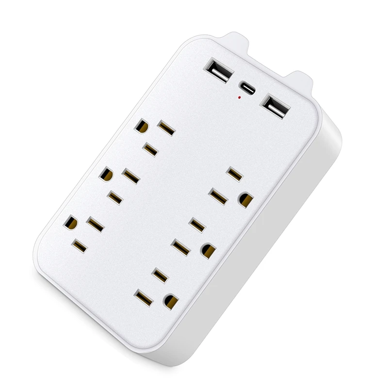 9-In-1 Surge Protector 6-Outlet Extender With 3 USB Ports Power Strip Plug Outlets Wall Adapter Spaced US Plug