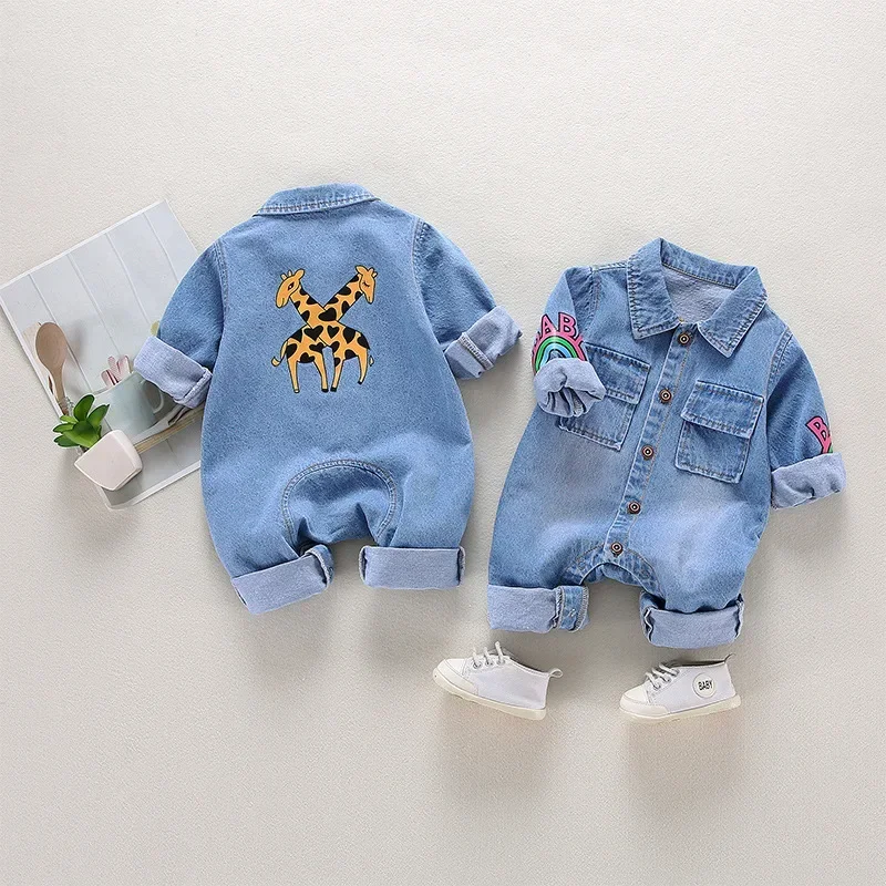 

Baby clothes newborn jumpsuit denim spring and autumn boy girl romper baby fart romper cartoon giraffe romper