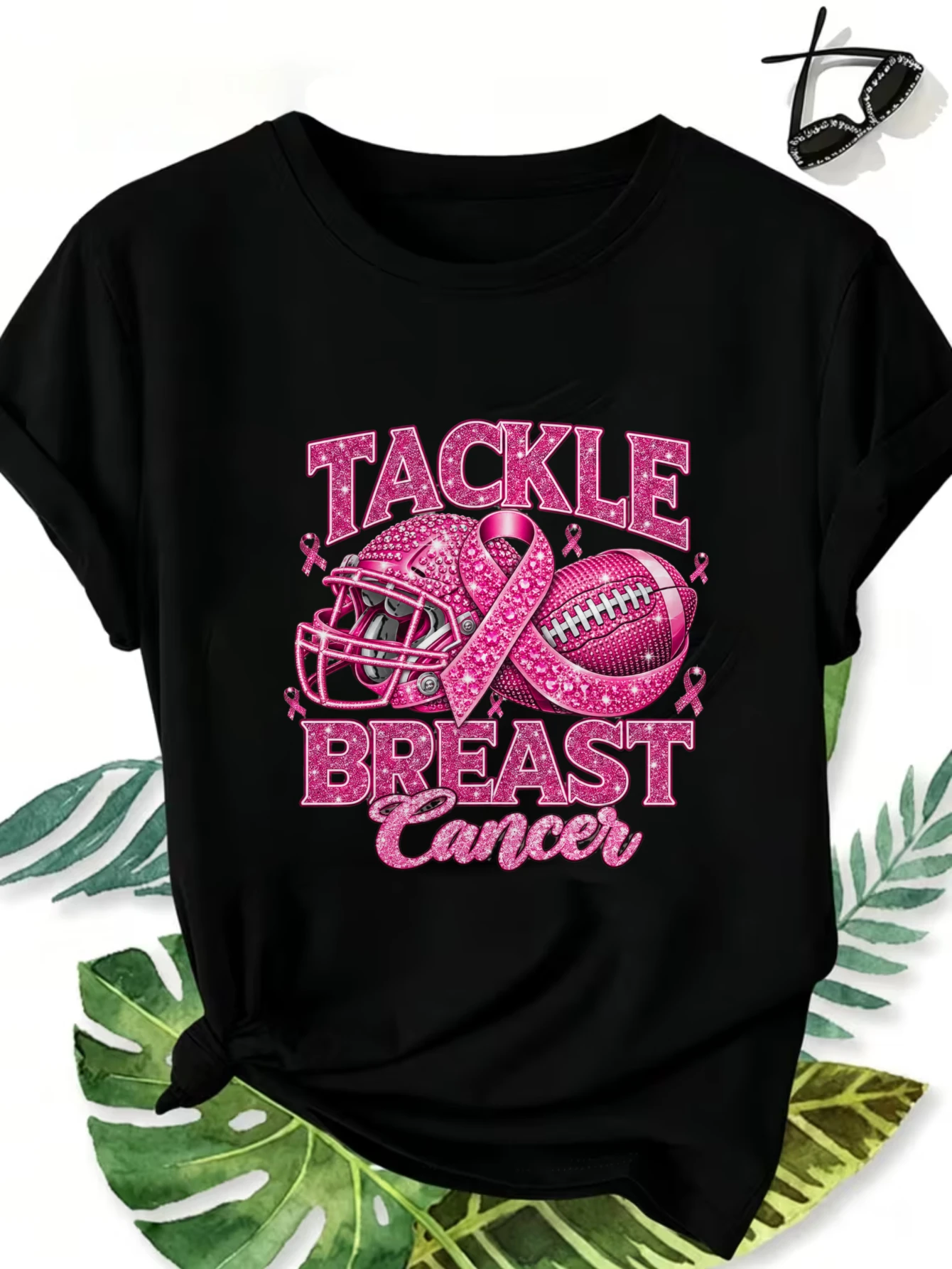 New Summer and Autumn, Fun Pattern T-shirt, Women's Casual Crew Neck T-shirt, Anti-breast Cancer Pink Ribbon Football Design, 100% Cotton, Comfortable in All Seasons, Local Delivery