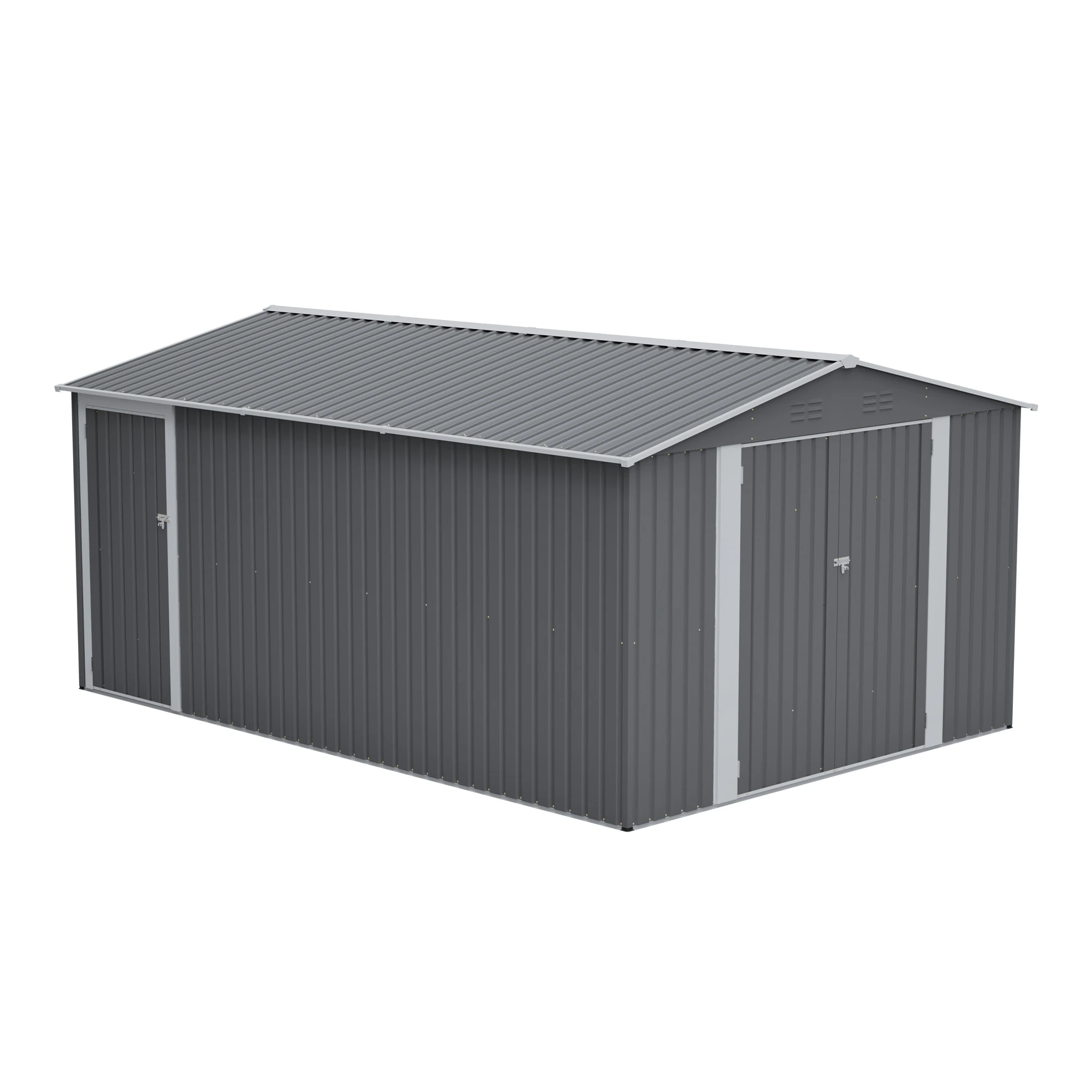10×14 FT Large Metal Shed, 3 Lockable+Side Door, 4-Vent Waterproof Garden Tool Storage, Light Gray