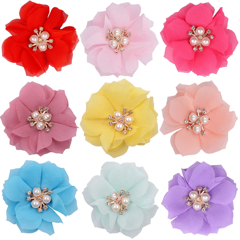 6cm Chiffon Right Angle Flower Drill Flower Core Three Pearl Rhinocaster Bougainvillea Handmade Flower Fashion Hair Accessories