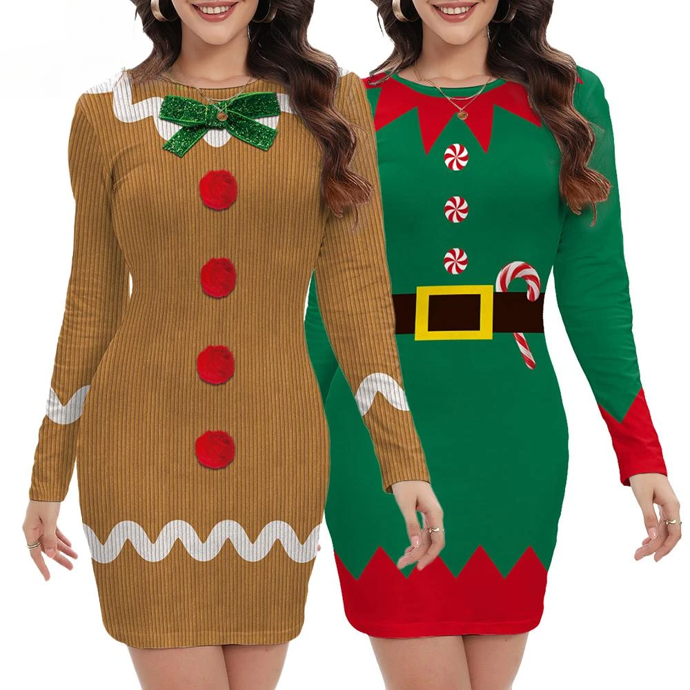 Gingerbread Man Women Christmas Dress 3D Printed Elf Dresses Sexy Bodycon Dress Fancy Green Hands Xmas Holiday Clothing