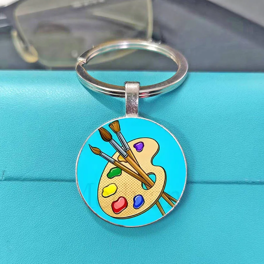 Fashion Painter Palette Keychain Glass Round Keychain Gift for Men, Women, and Children Learning to Paint