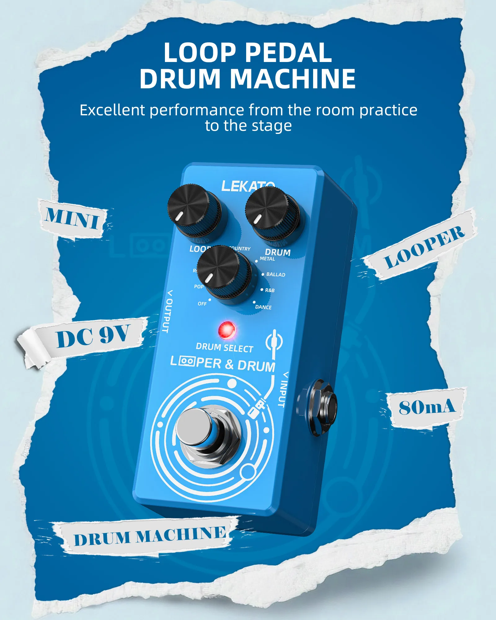 Lekato 2-In-1 Looper Pedal & Drum Machine with 360S Loop, Real Drum Sounds, Tap Tempo, 48Khz/24Bit Audio for Live Guitar