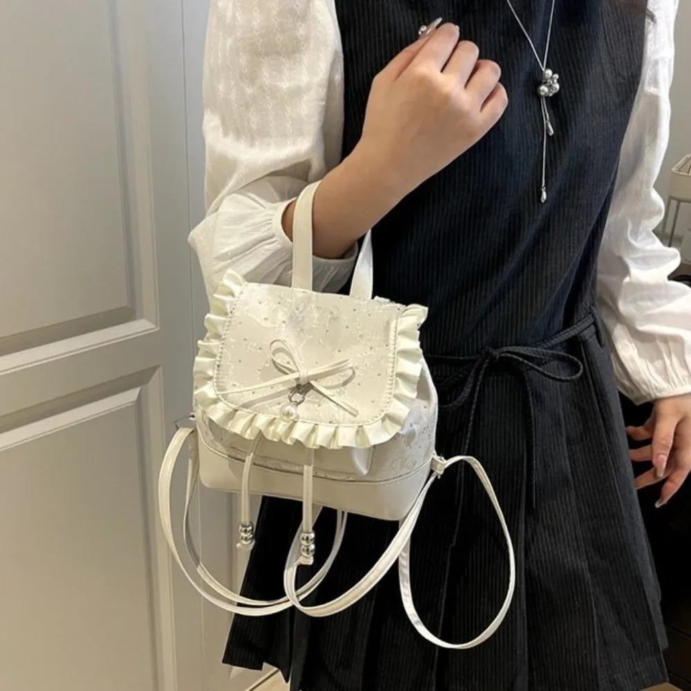 Fashion Lace Trim Butterfly Knot Backpack Mini Size Casual Polka Dot Backpack Trendy Lightweight Sweet School Bag School