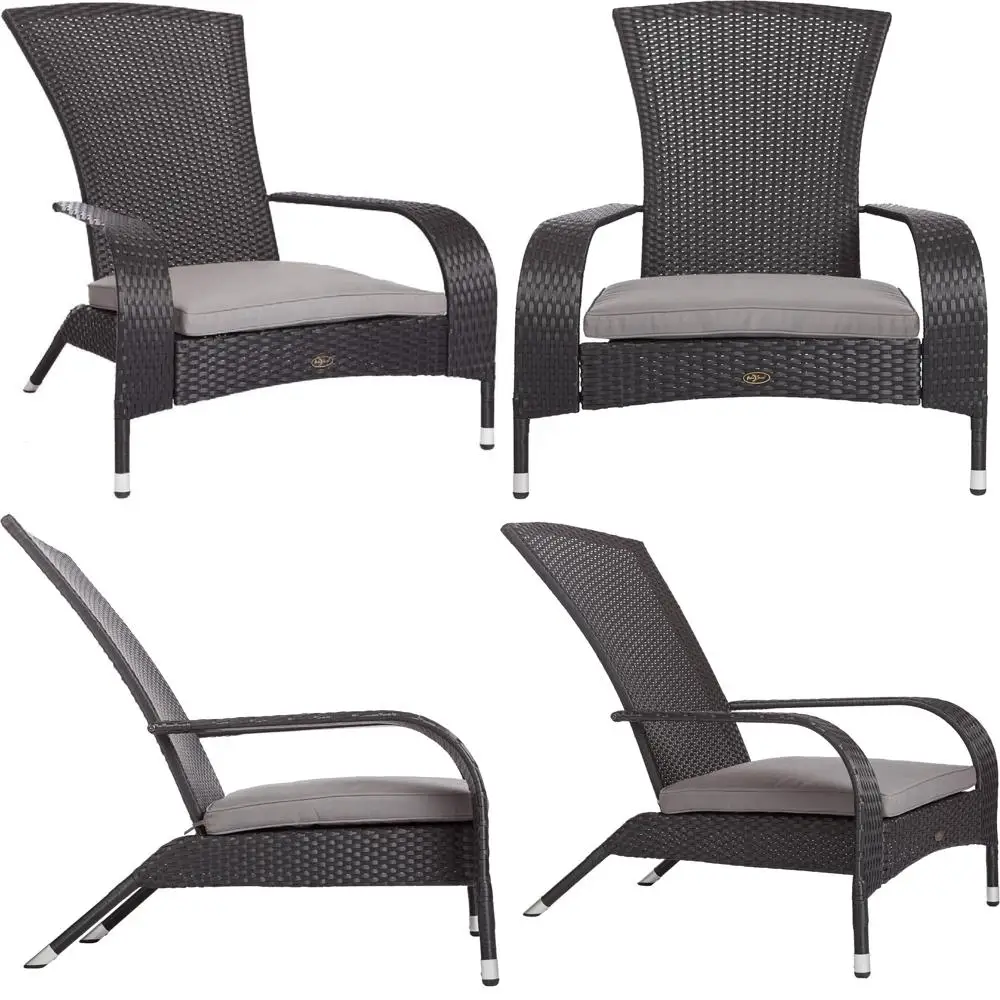 

All-Weather Wicker Lounge Chair in Black with Gray Cushion, Adirondack Style for Outdoor Porch and Lawn Use